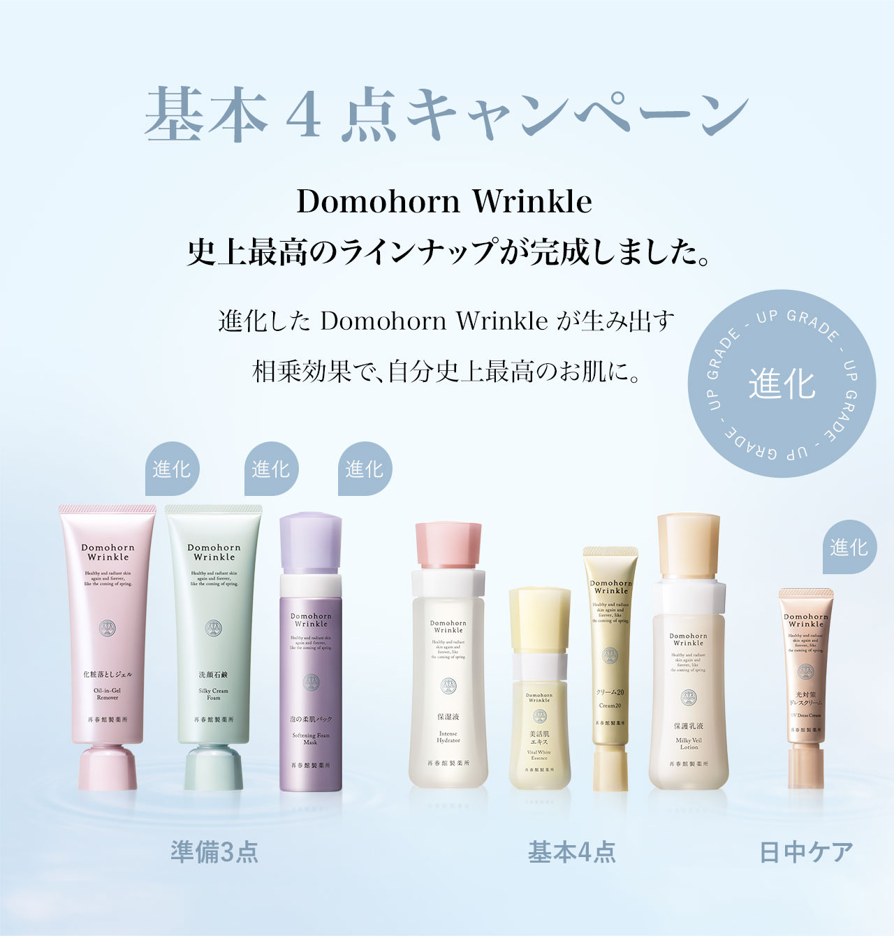 基本4点キャンペーン Domohorn Wrinkle 史上最高のラインナップが完成しました。進化した Domohorn Wrinkle が生み出す相乗効果で、自分史上最高のお肌に。