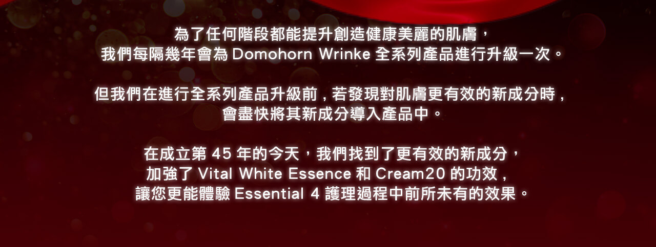 為了任何階段都能提升創造健康美麗的肌膚，我們每隔幾年會為Domohorn Wrinke全系列產品進行升級一次。