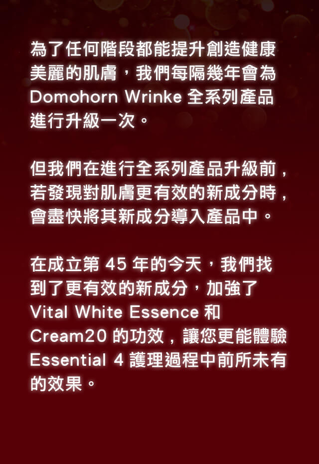 為了任何階段都能提升創造健康美麗的肌膚，我們每隔幾年會為Domohorn Wrinke全系列產品進行升級一次。